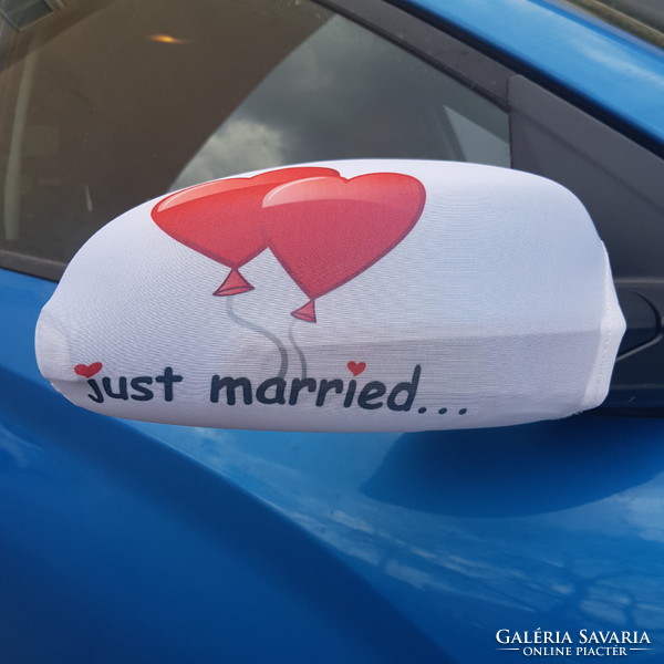 Új, Just married feliratú, szív alakú lufi mintás spandex visszapillantó tükör dísz, autó dekoráció