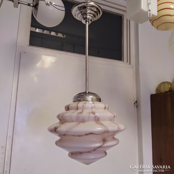 Art deco - streamlined ceiling lamp renovated - marbled pink shade with a special shape