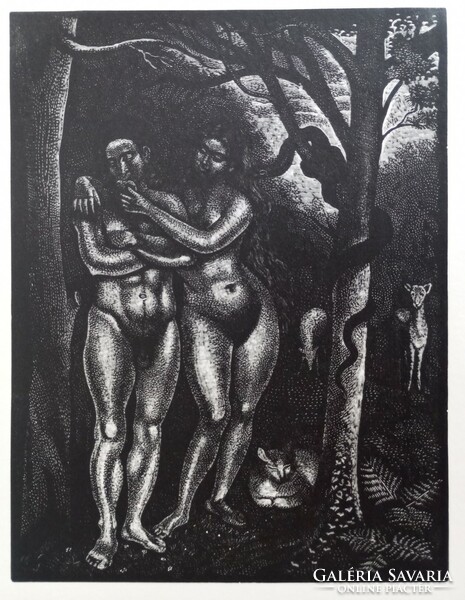 Demetrios Galanis 'Ádám és Éva' art-deco fametszet Milton 'Elveszett Paradicsom' 1930's
