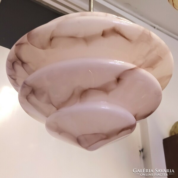 Art deco - streamlined ceiling lamp renovated - marbled pink shade with a special shape