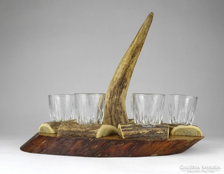 1Q016 old hunter brandy set with antler decoration 6 pieces