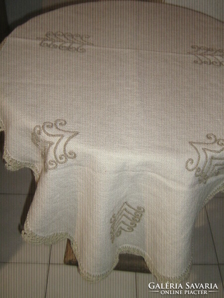 Wonderful antique handmade embroidered woven tablecloth