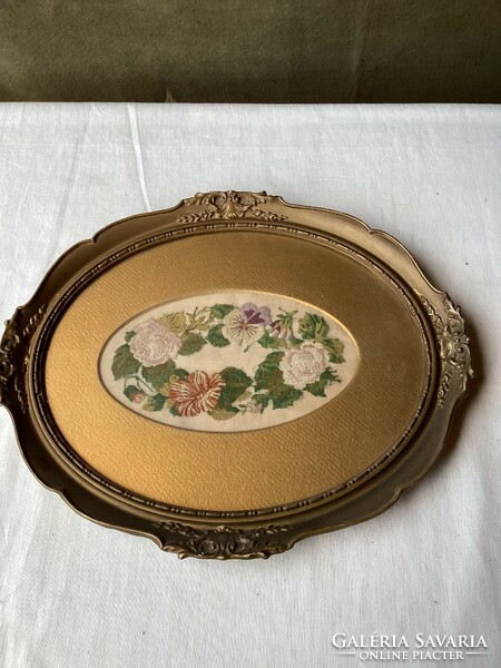 Antique needle tapestry still life in oval frame 36x30 cm.