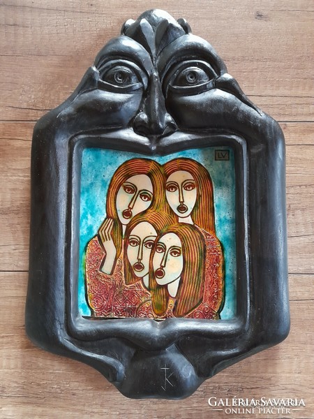 Lőrincz vitus fire enamel wall picture in a carved wooden frame
