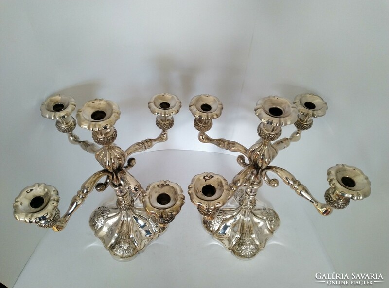 Pair of silver 5-branch candelabra decorated with Viennese roses