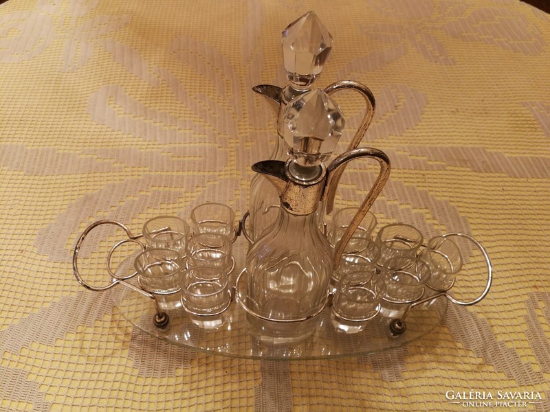 Antik, art deco, Moser-jellegű likőröskészlet – üveg tálca, karaffák és kis poharak
