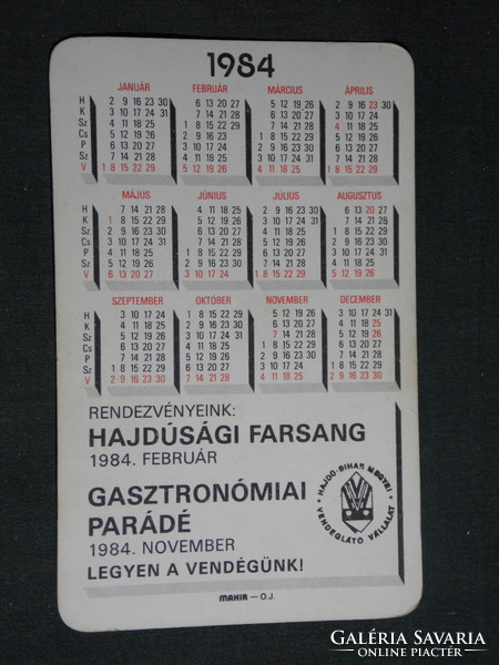 Card calendar, Hajdú Bihari catering company, Hajdúság carnival parade, graphic artist, 1984, (4)