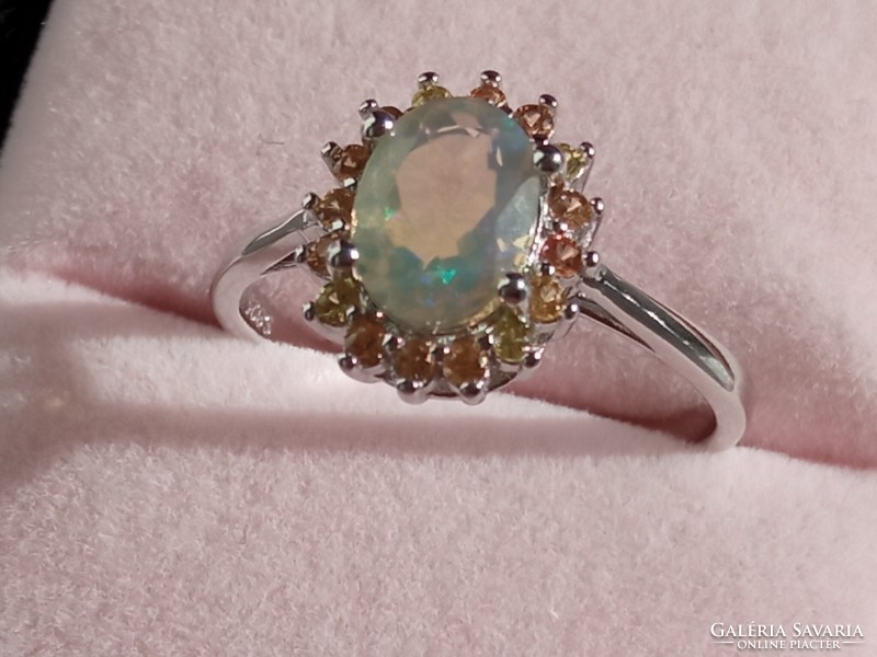 Ethiopian fire opal - yellow sapphire 925 silver ring 57