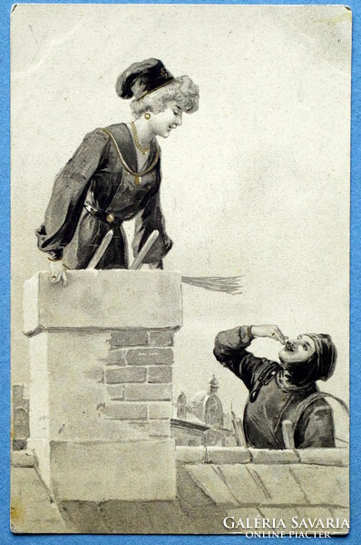 Antique New Year litho postcard - chimney sweep lady and gentleman from 1904