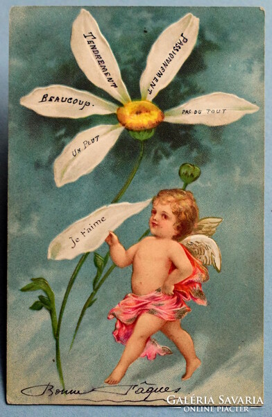 Antique embossed litho greeting card with daisies love - not love playing angel