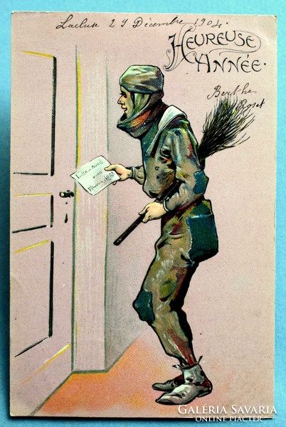 Antique embossed New Year's card - chimney sweep from 1904