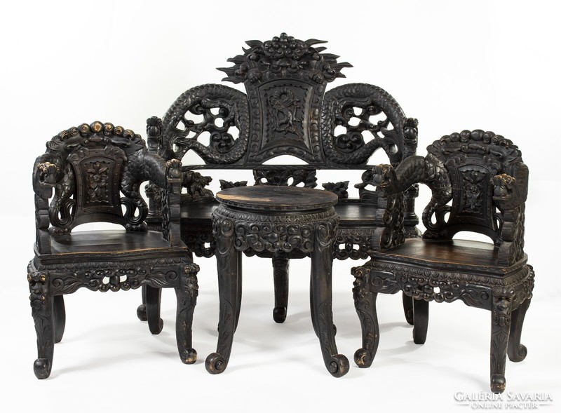 4-piece Japanese(?) / Chinese(?) style, richly carved, dragon seating set