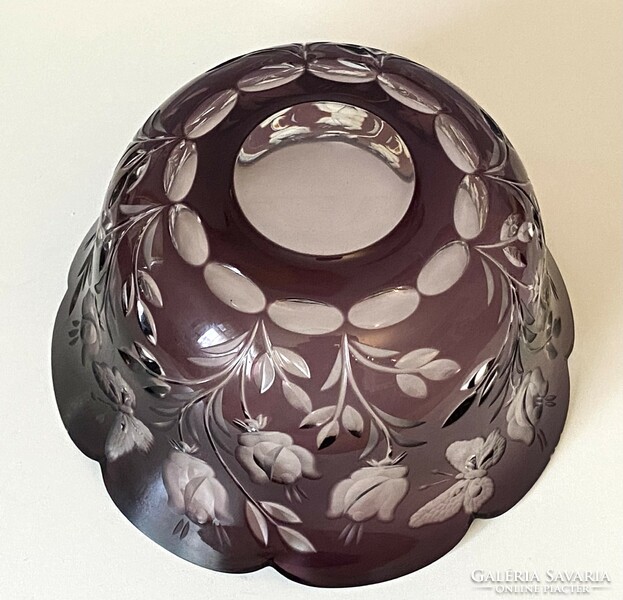 Burgundy etched glass serving bowl retro bowl with butterfly and bird decor