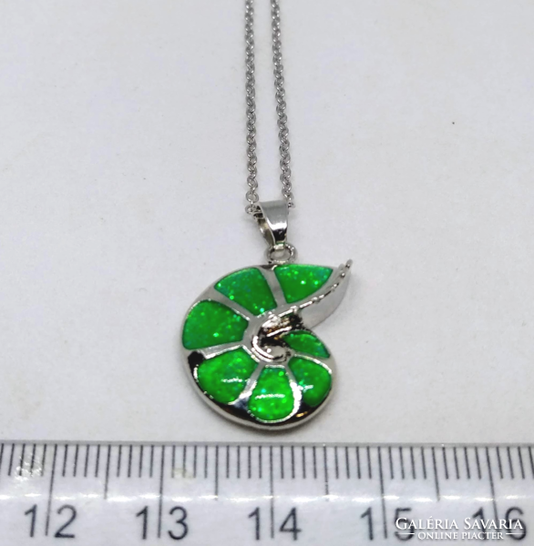 Silver-plated (sp) green fire opal snail pendant necklace 239