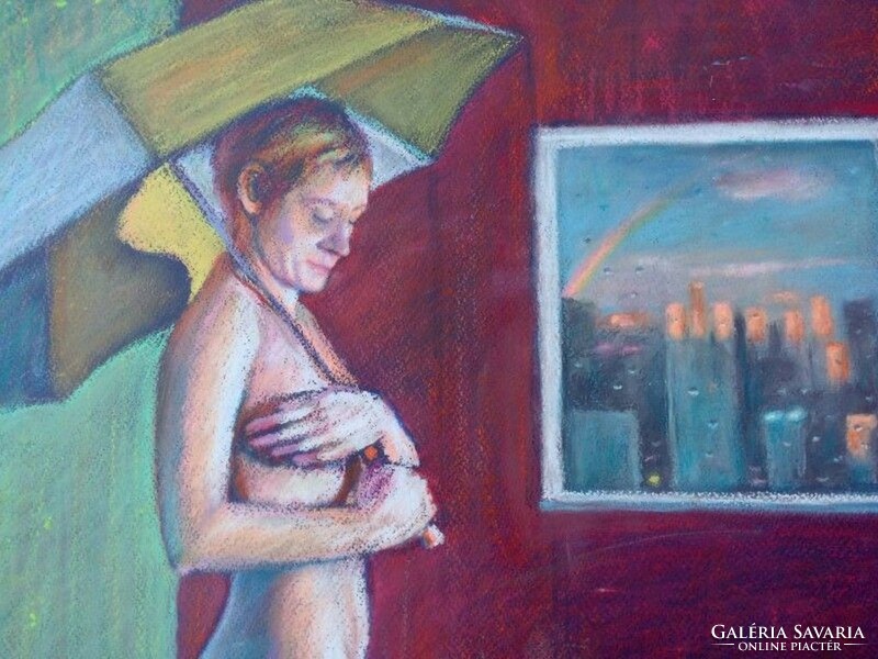 Naked lady with parasol, modern impressionist painting. Created by Tamás Attila Kagyerják