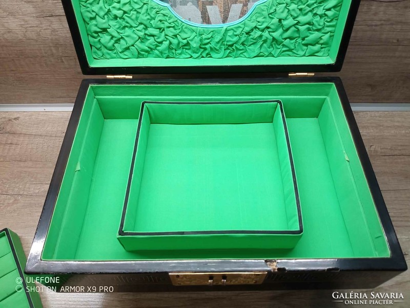 Antik Kínai nagy lakk doboz csont és kagylógyöngyház berakással