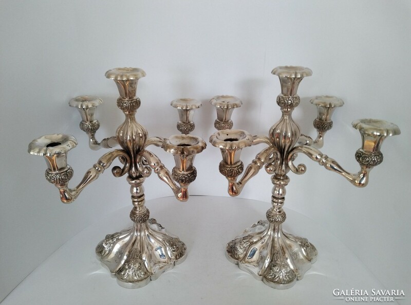 Pair of silver 5-branch candelabra decorated with Viennese roses