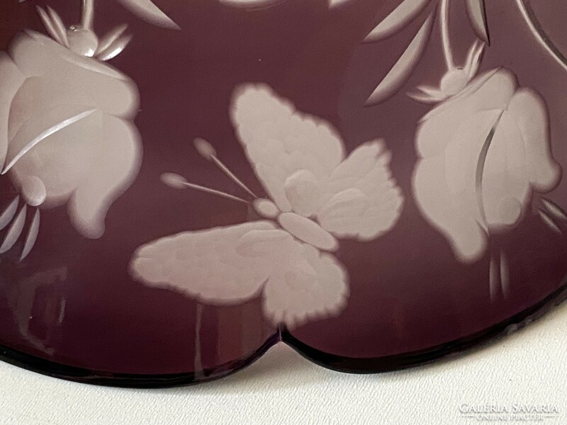 Burgundy etched glass serving bowl retro bowl with butterfly and bird decor