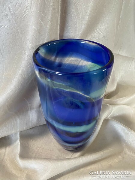 Beautifully looking retro glass vase in thick-walled cobalt and turquoise colors, decorative glass