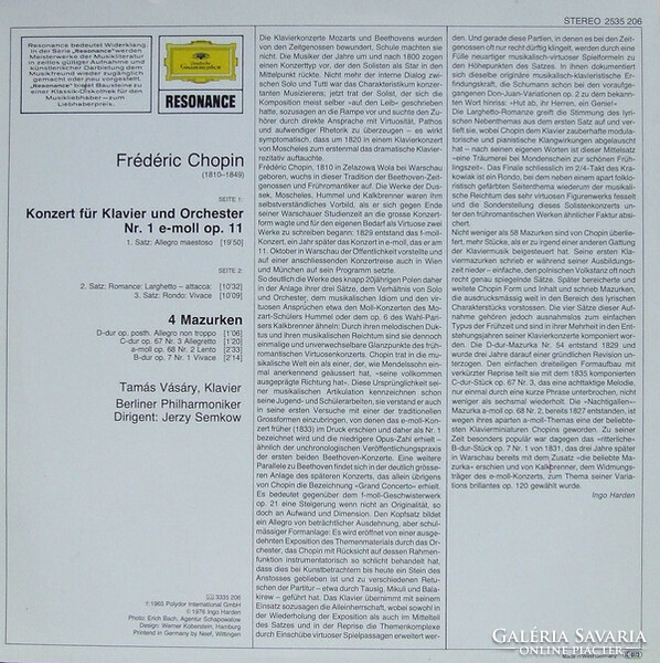 Chopin, Vásáry • Berliner Philharmoniker, Semkow - clavier concert no. 1 in E minor • 4 mazurkens (lp, d)