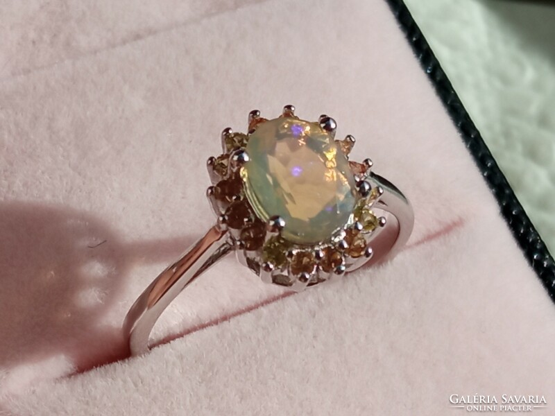 Ethiopian fire opal - yellow sapphire 925 silver ring 57