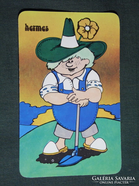 Kártyanaptár, Hermes kertészet barkács áruház, Budapest, grafikai rajzos, reklám figura, 1984,   (4)
