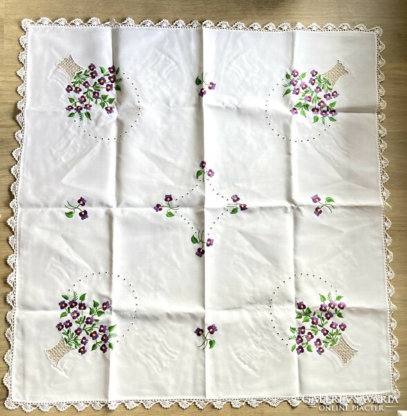 Purple floral embroidered tablecloth, immaculate, starched, 100x100cm