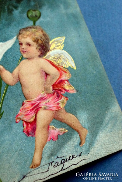 Antik dombornyomott  litho üdvözlő képeslap margarétával Szeret - Nem Szeretet játszó angyalka