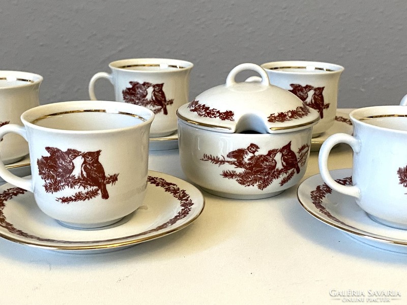 Ilmenau retro German porcelain coffee set with bird decor 6 cups + base + sugar bowl