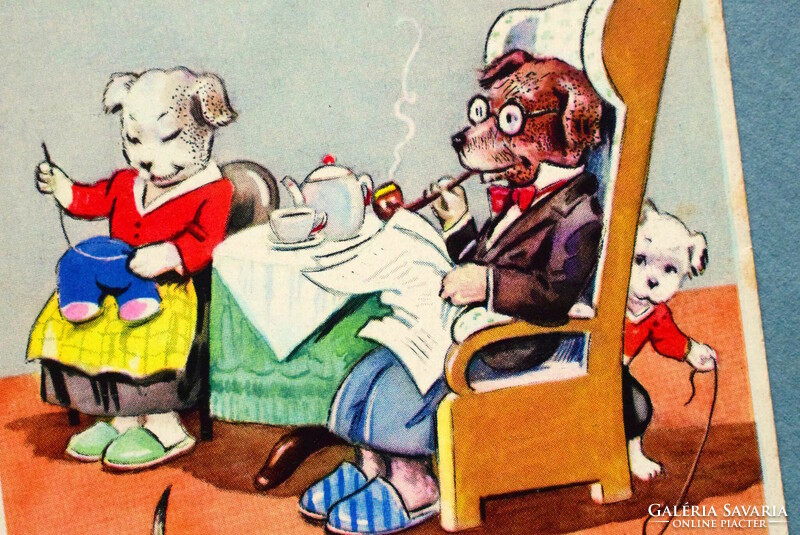 Old humorous graphic dog postcard - dog family