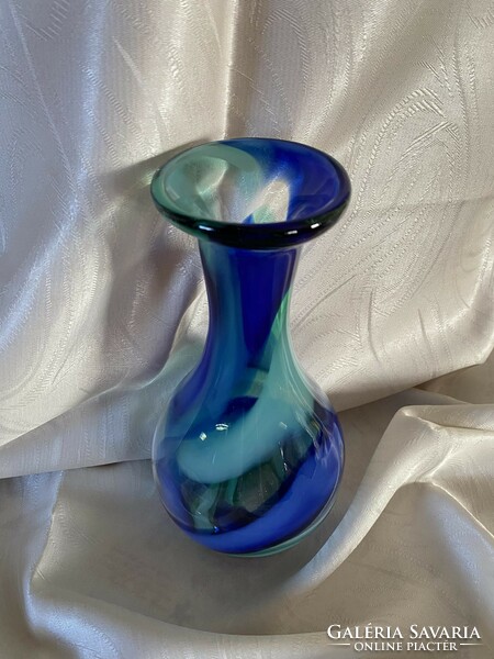 Beautiful looking thick-walled retro glass vase in cobalt and turquoise colors, decorative glass