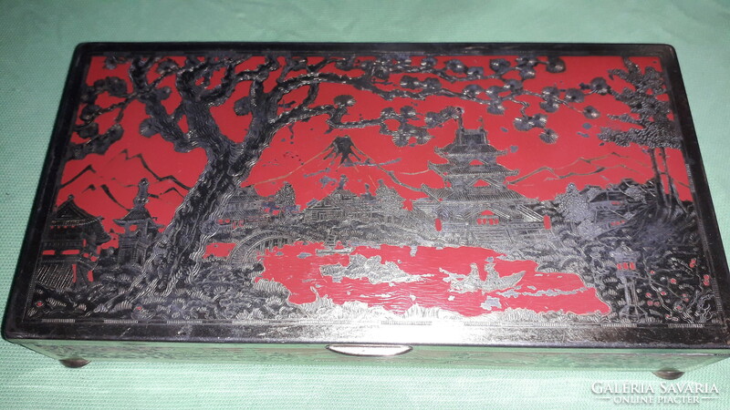 Retro keleti tájkép mintás festett RÉZ burkolatú osztott szivaros doboz 26 x 13 x 5 cm képek szerint