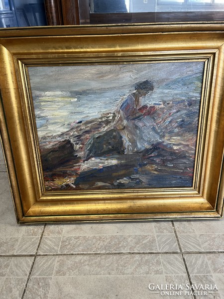 Lady on the beach. Painting.