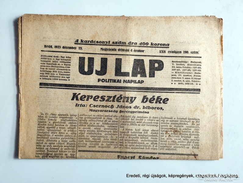 1923 december 23  /  UJ LAP  /  Ajándékba :-) Eredeti, régi ÚJSÁG Ssz.:  26564