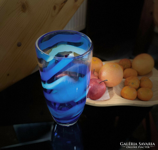 Beautifully looking retro glass vase in thick-walled cobalt and turquoise colors, decorative glass