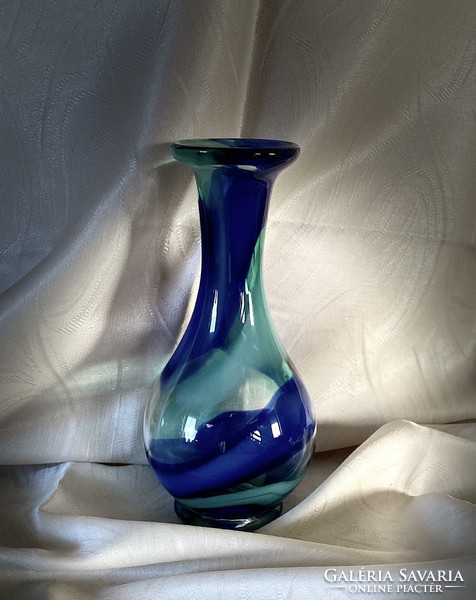 Beautiful looking thick-walled retro glass vase in cobalt and turquoise colors, decorative glass