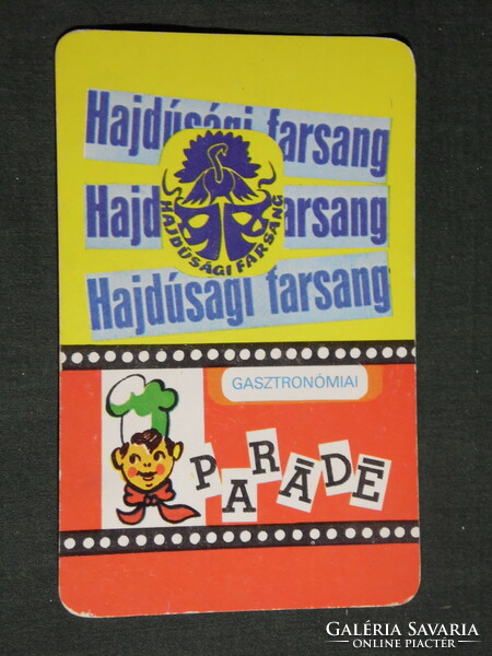 Card calendar, Hajdú Bihari catering company, Hajdúság carnival parade, graphic artist, 1984, (4)