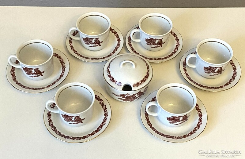 Ilmenau retro German porcelain coffee set with bird decor 6 cups + base + sugar bowl