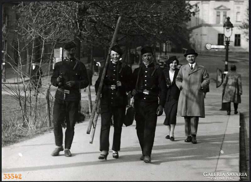 Larger size, photo art work by István Szendrő. Budapest, chimney sweeps on the street, 1930s