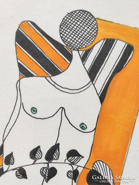 Original Saxon Károly István abstract nude distorted ink drawing graphic black white orange color