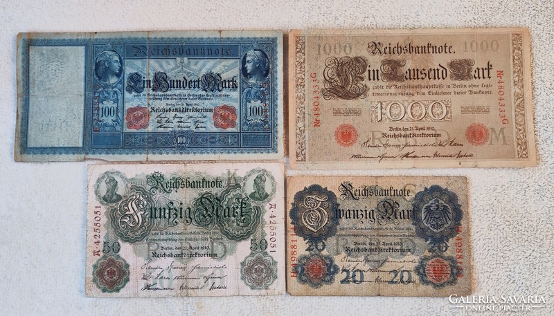 1910-es birodalmi márka sor: 20-tól 1000-ig (VF-F) – Német császárság | 4 db bankjegy