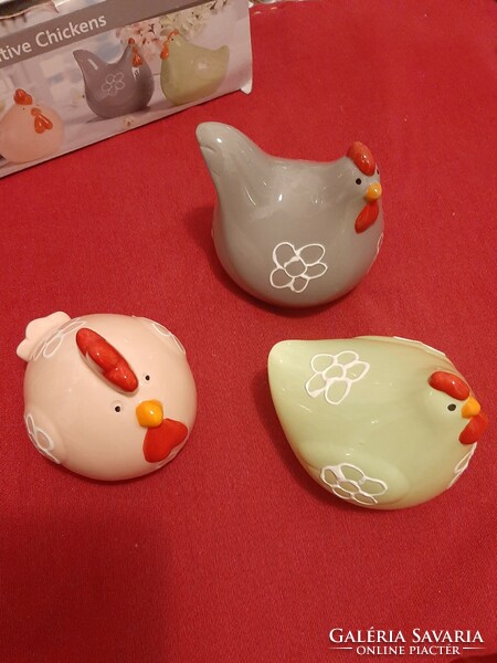 Glazed ceramic chickens in their original box. 3-piece spring decoration. Colorful, fun characters.