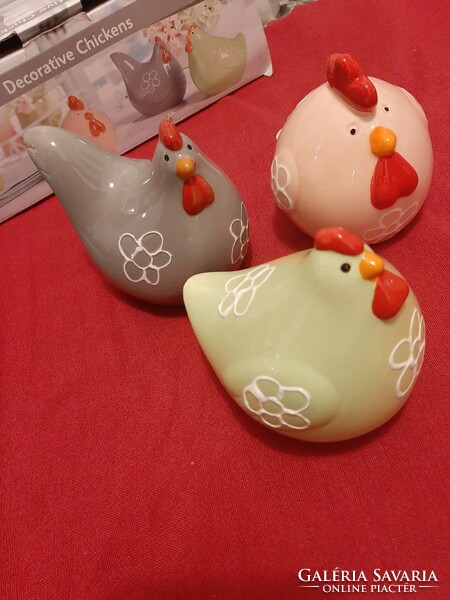 Glazed ceramic chickens in their original box. 3-piece spring decoration. Colorful, fun characters.