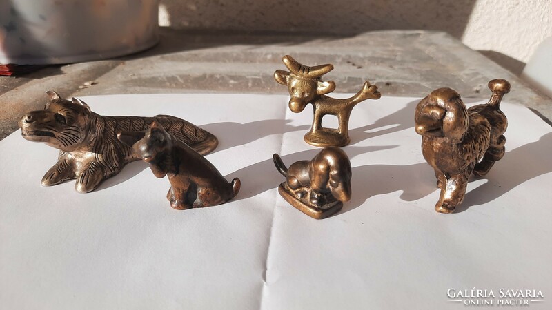 4 pcs. Bronze-copper dog miniature statue figure + 1 cow