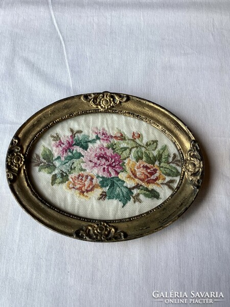 Antique needle tapestry still life in oval frame 21x16 cm.