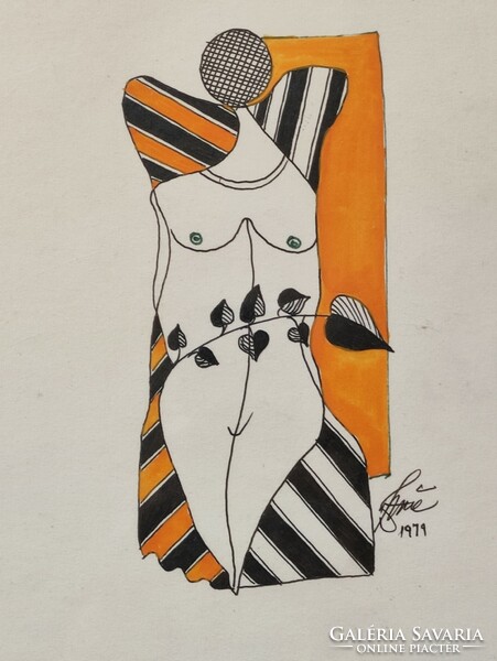 Original Saxon Károly István abstract nude distorted ink drawing graphic black white orange color