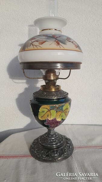 Art Nouveau majolica table kerosene lamp, with a hand-painted shade, restored