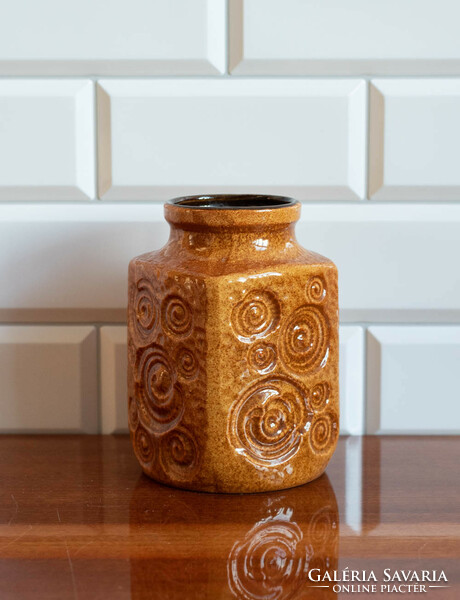 Scheurich Jurassic period design, fossil pattern vase in honey brown color - German retro ceramics