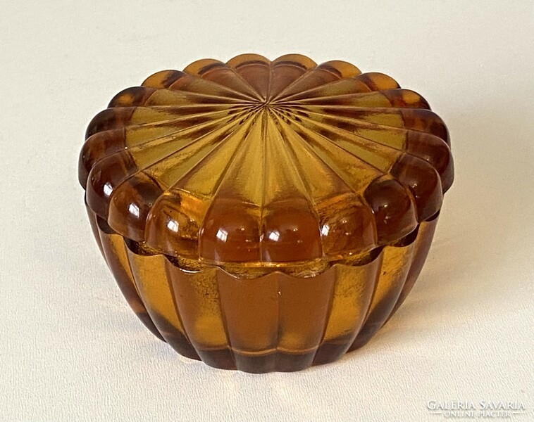 Amber yellow cast glass jewelry tray with lid 9.5 X 5.5 Cm high