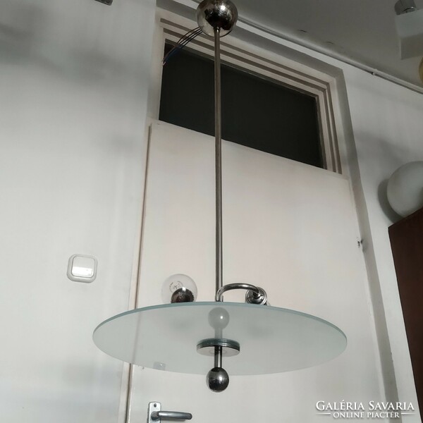 Art deco nickel-plated 2-burner chandelier renovated - acid-etched glass disc